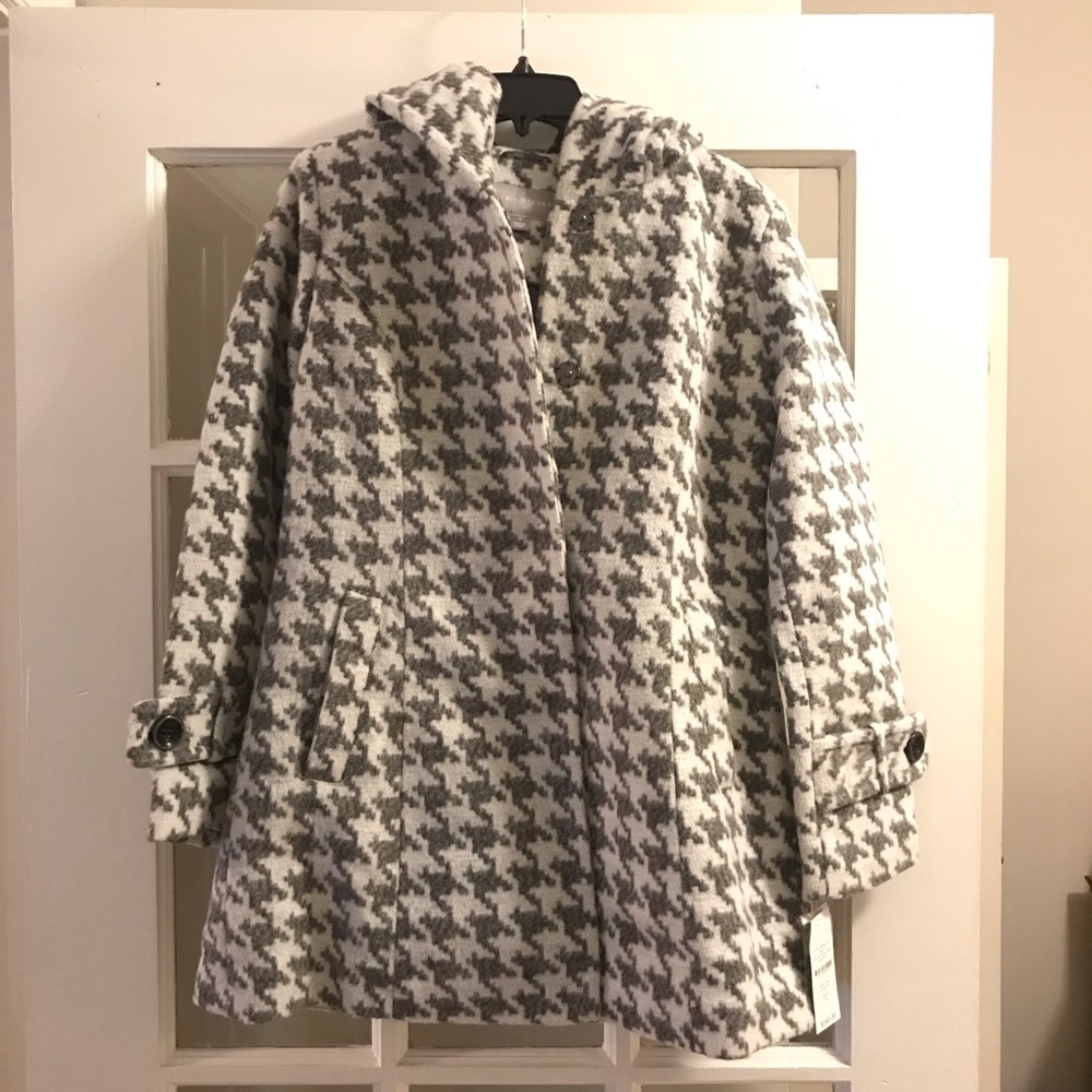 Gray White Houndstooth Coat with Hood